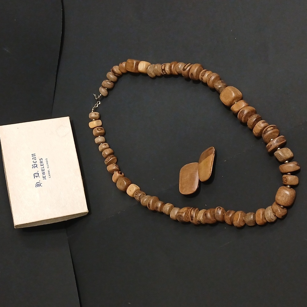Vintage Mid Century Chunky Wood Jewelry Set in box.